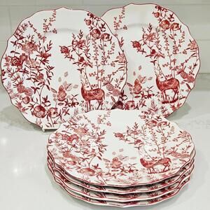 222 Fifth Winter Forest Plates 10.5 Inch Set of 6 Red Christmas Dinnerware